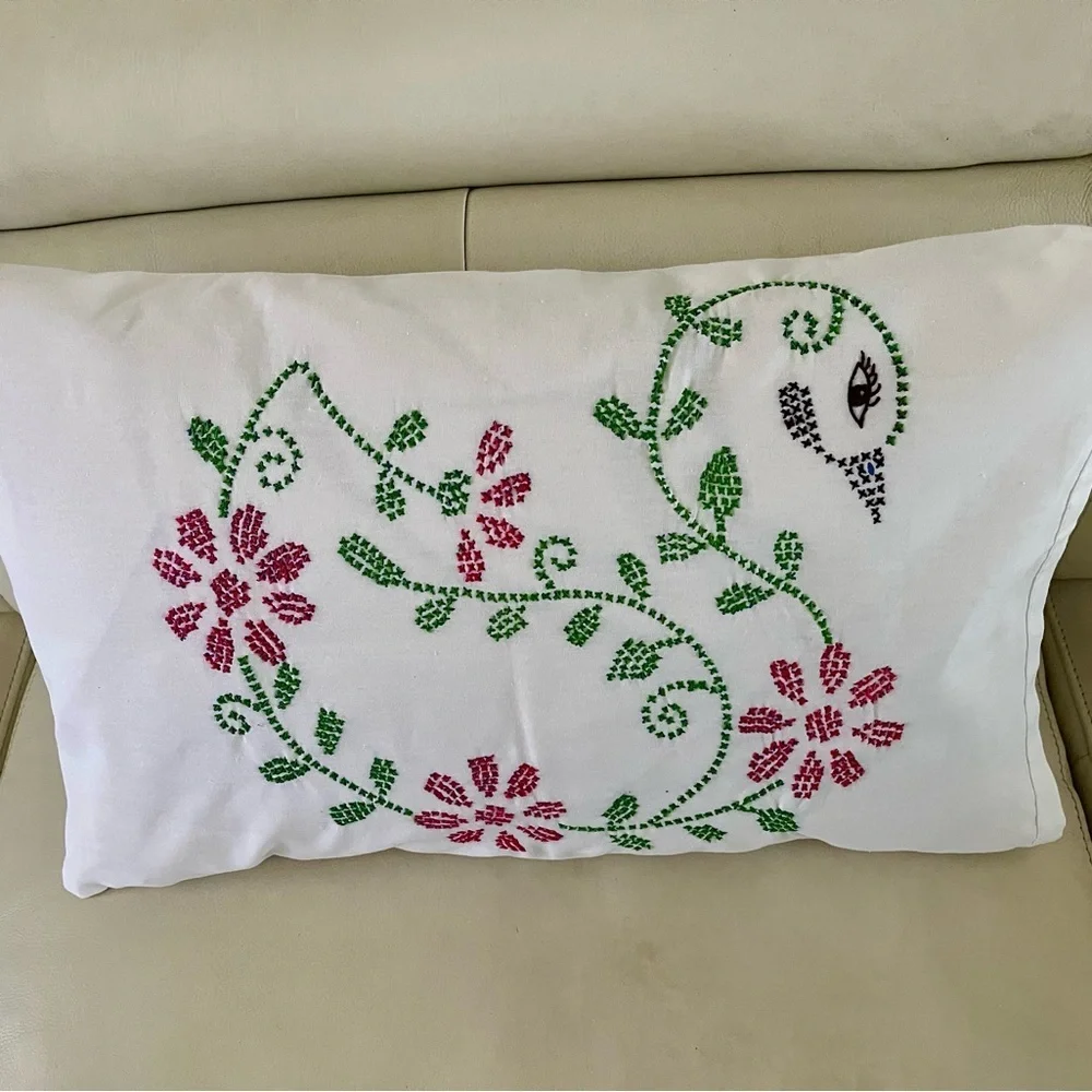 Embroidered Floral White Pillow 17/25 inches